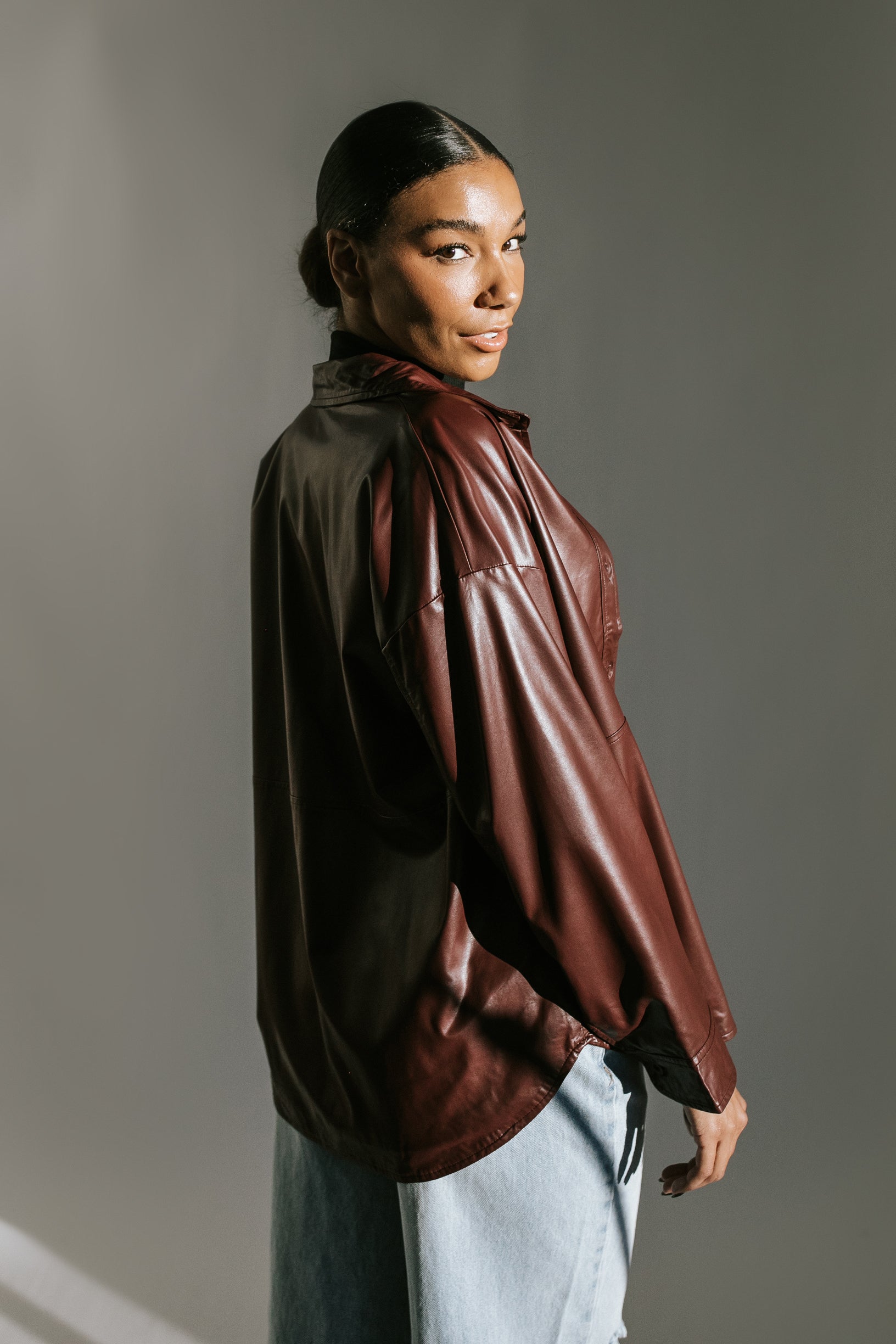 Paint The Town Leather Shacket - Burgundy