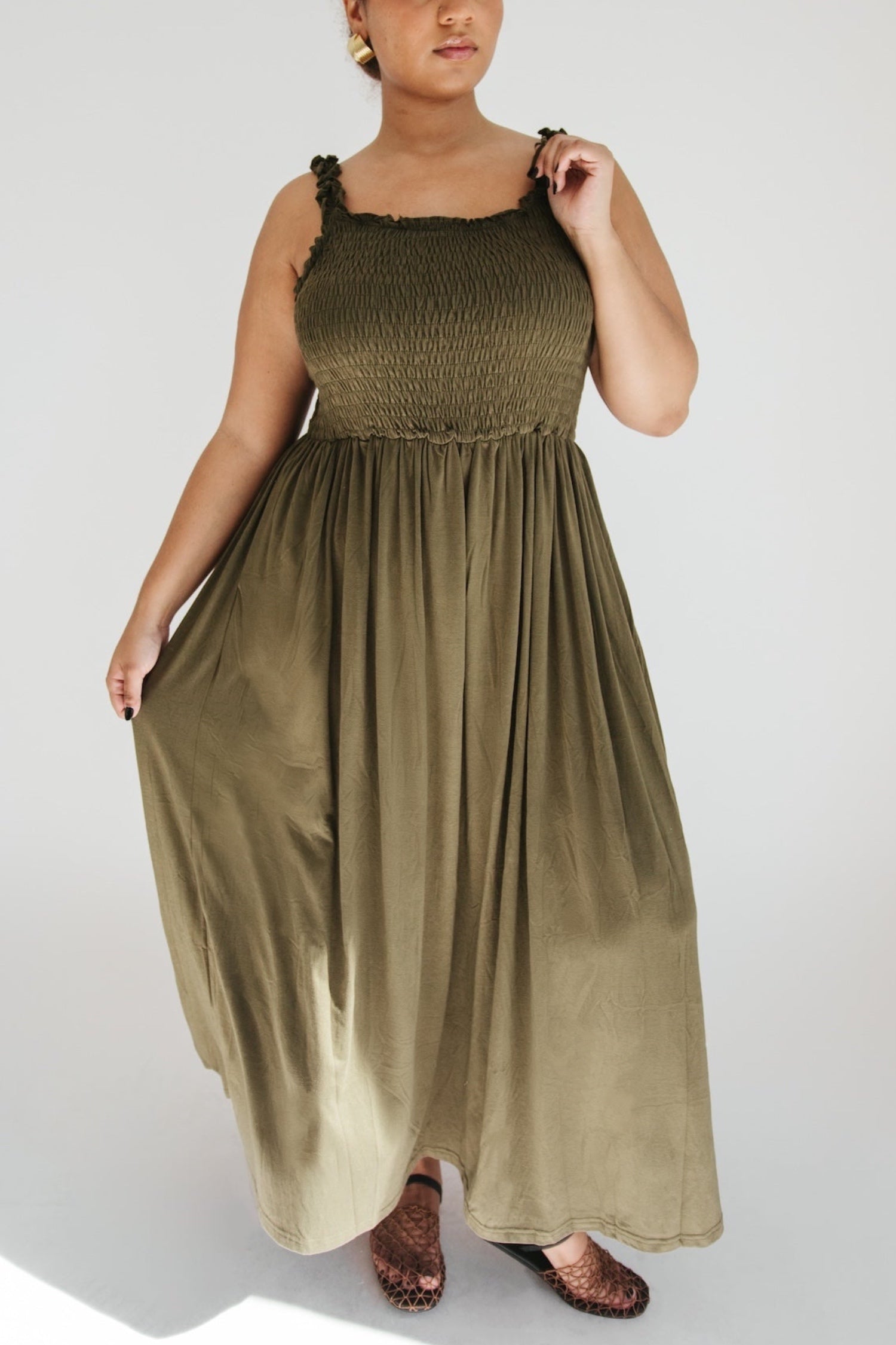 Janice Smocked Maxi Dress - Olive - More Sizes