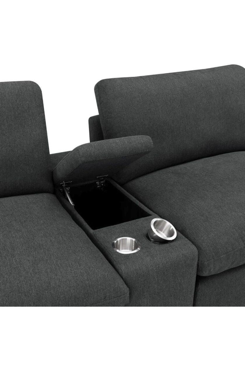 Gray theater recliner with cup holders  and storage on a white background