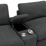 Gray theater recliner with cup holders  and storage on a white background