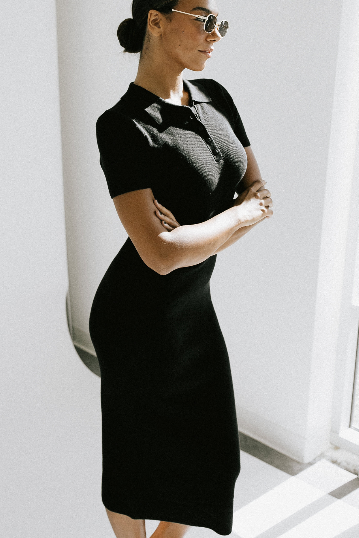 Classic Collared Midi Dress - Black