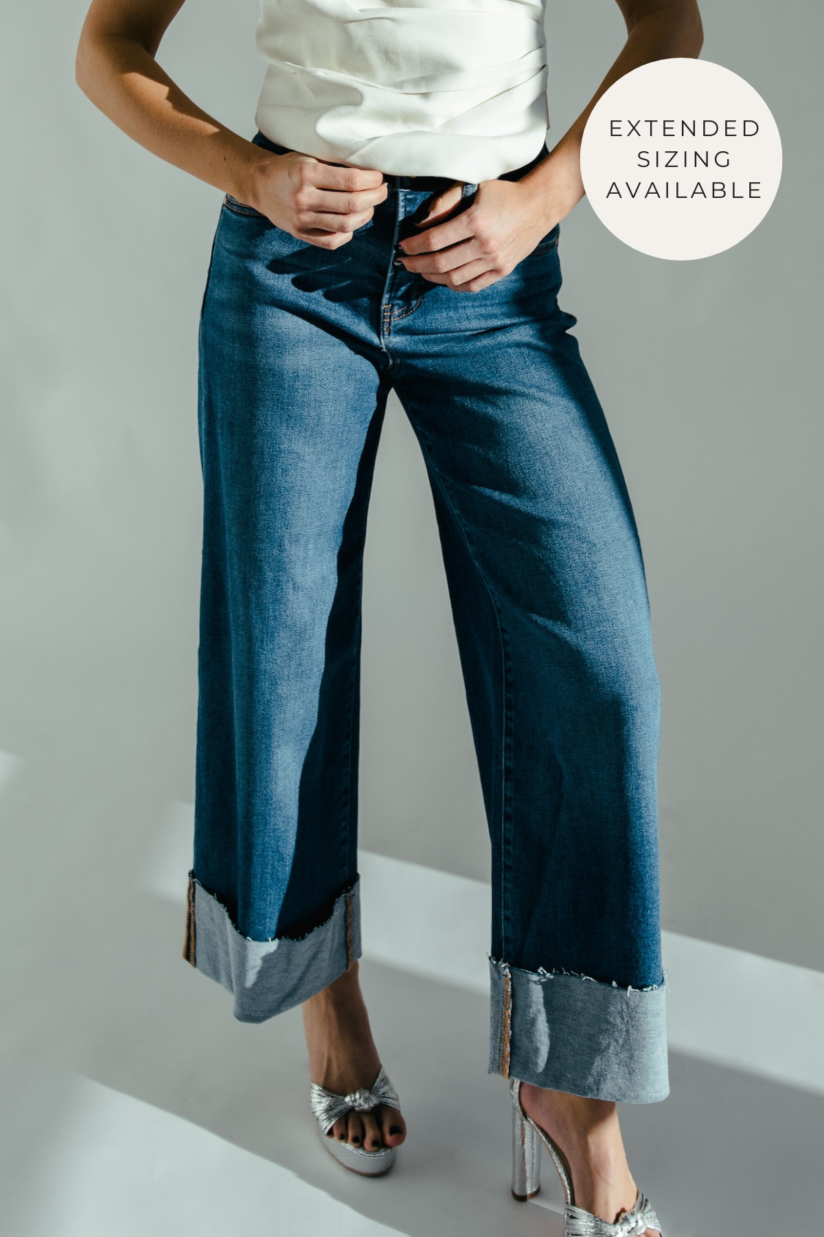 Cindy Wide Leg Cuffed Jean - Denim