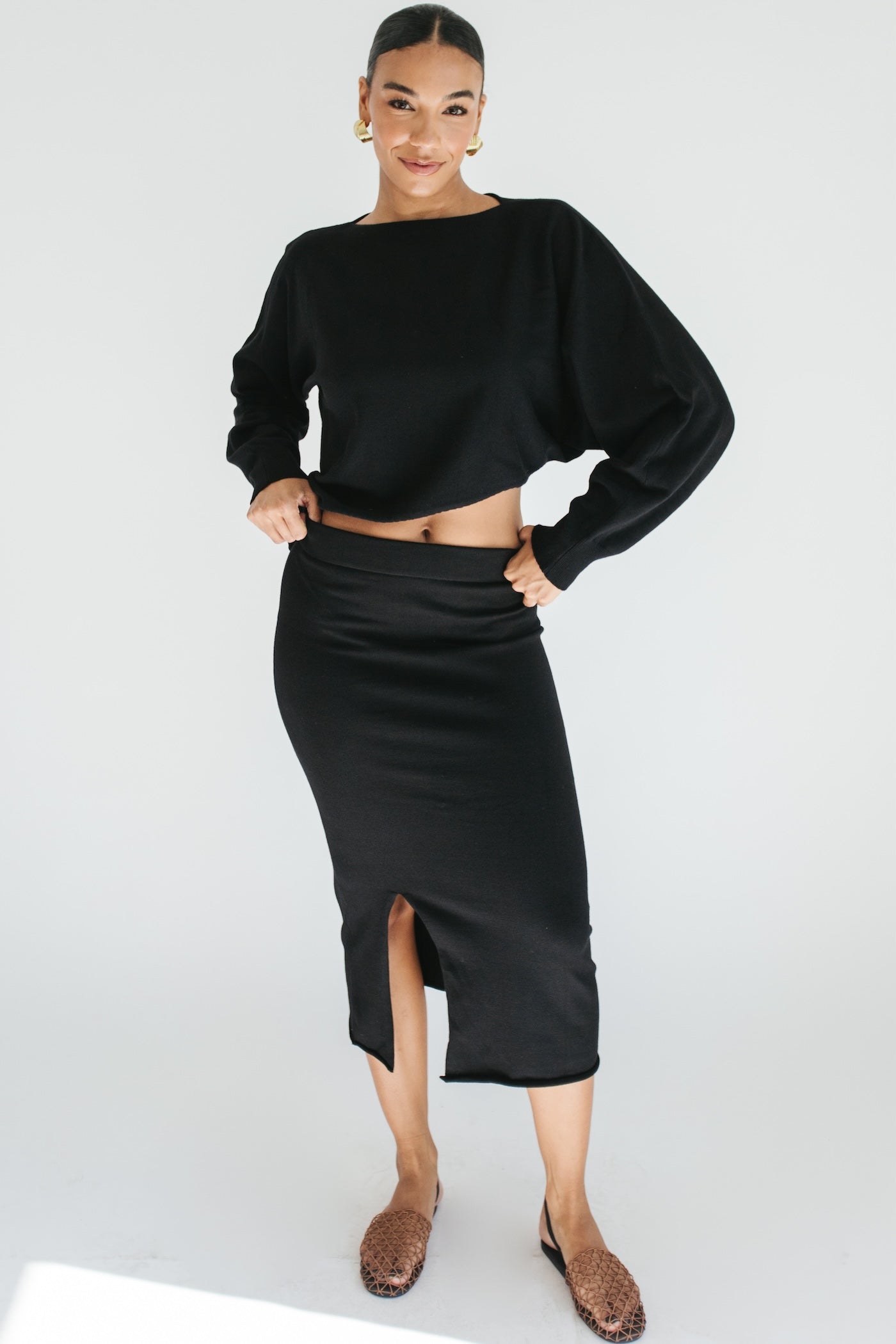 On Repeat Sweater + Midi Skirt Set - Black