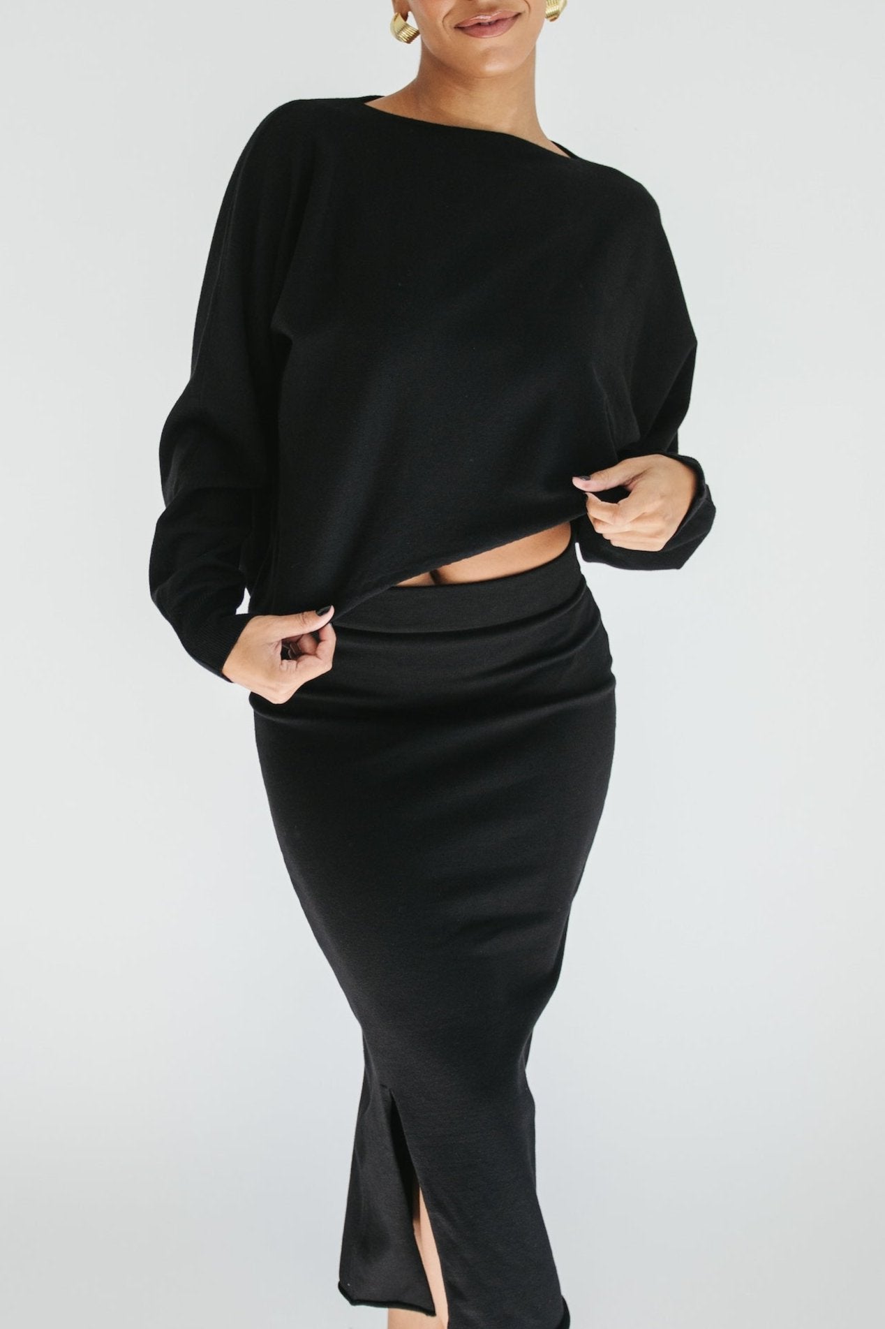 On Repeat Sweater + Midi Skirt Set - Black