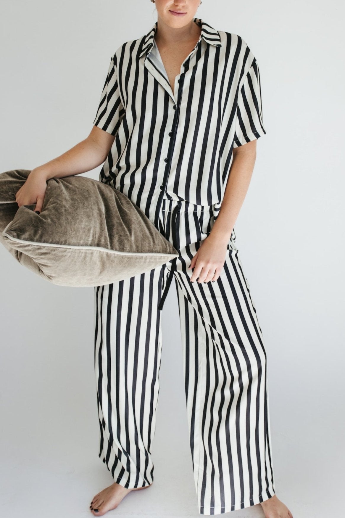 Reina Striped Top + Pant Set - Black + Cream