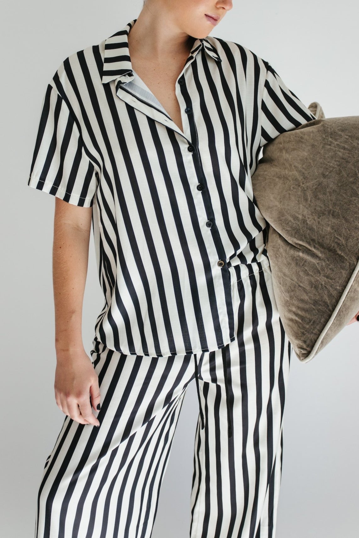 Reina Striped Top + Pant Set - Black + Cream