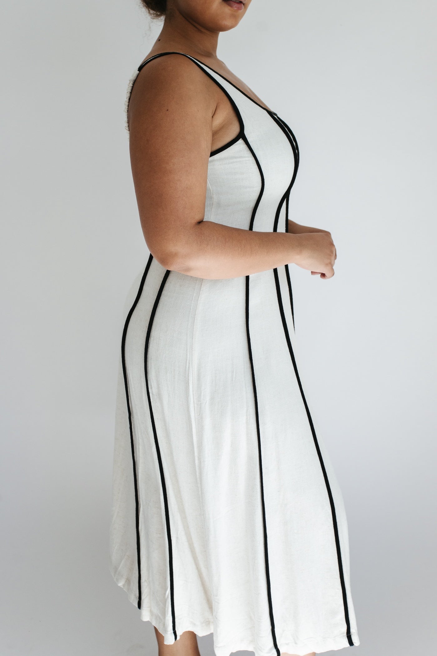 Meet Me Striped Midi Dress - Beige + Black