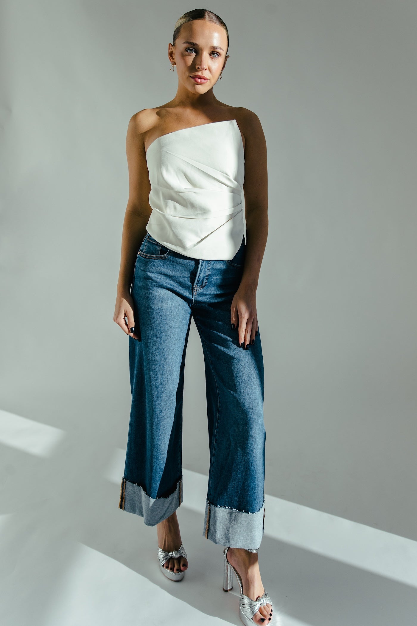 Cindy Wide Leg Cuffed Jean - Denim