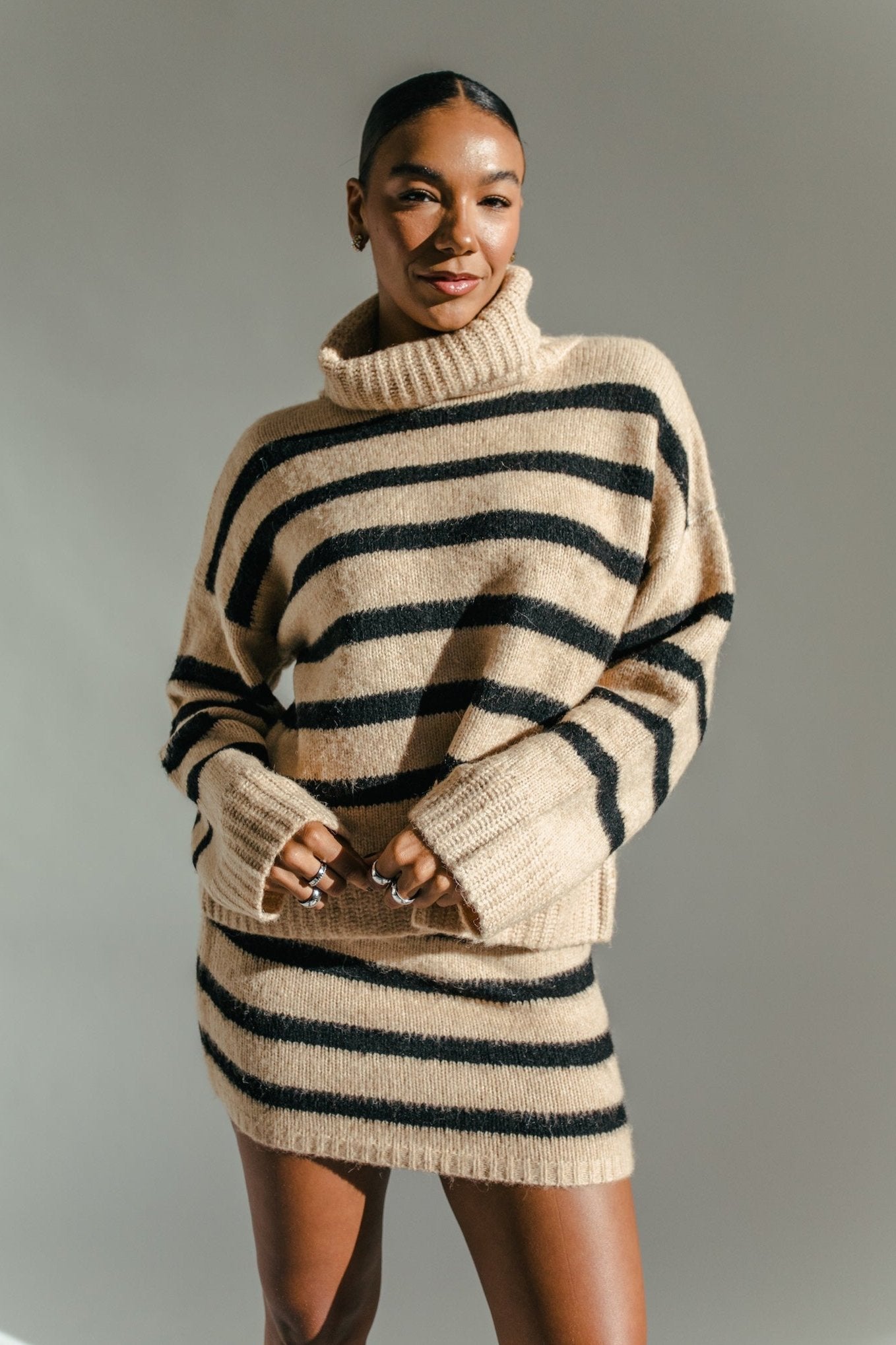 Cozy Up Striped Sweater + Skirt Set - Camel + Black