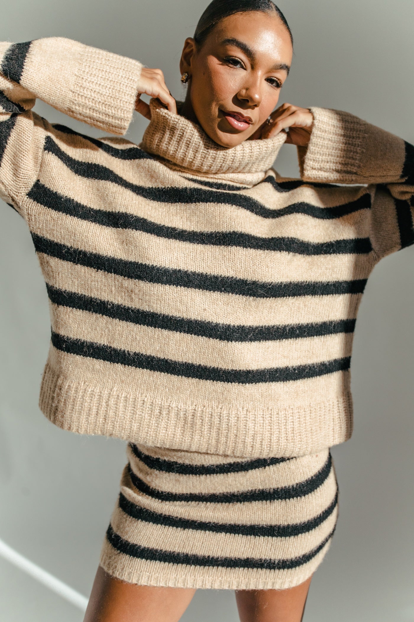 Cozy Up Striped Sweater + Skirt Set - Camel + Black