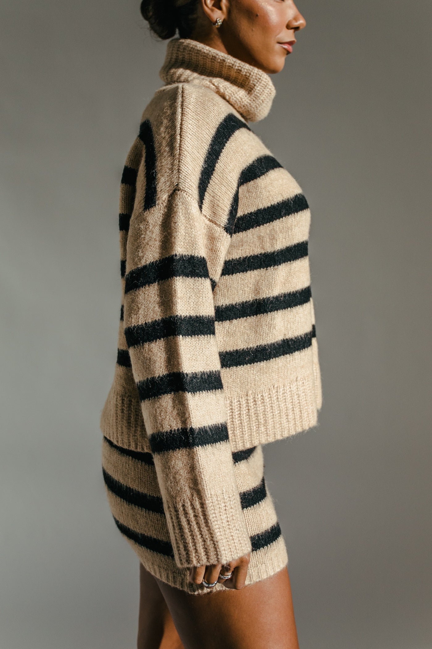 Cozy Up Striped Sweater + Skirt Set - Camel + Black