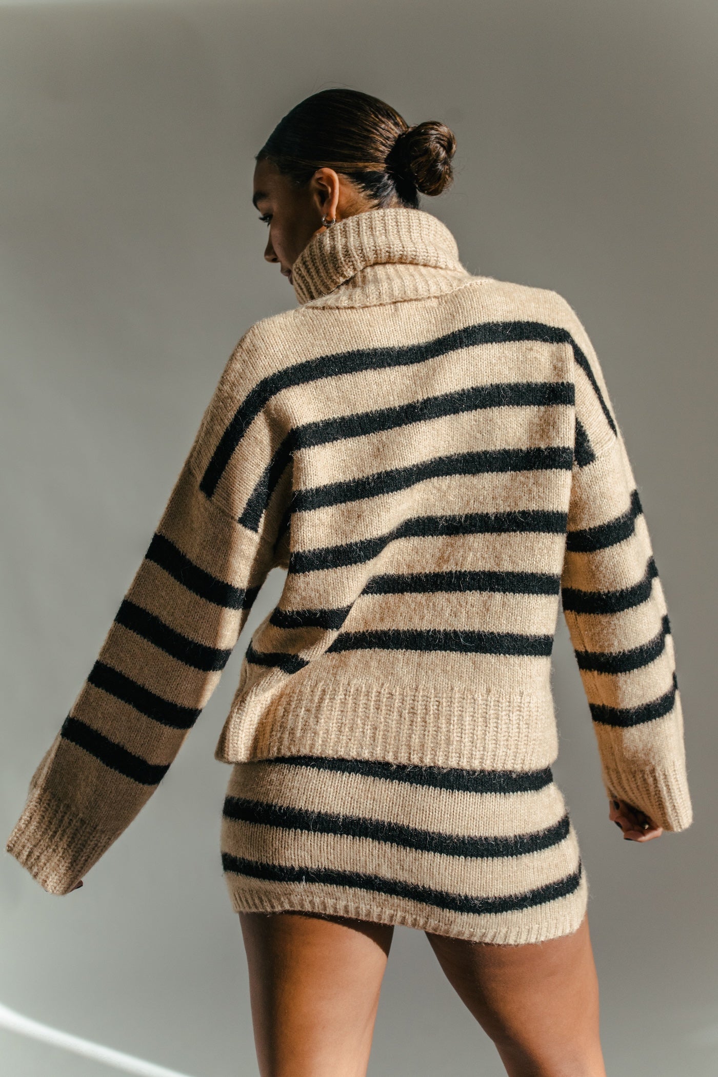 Cozy Up Striped Sweater + Skirt Set - Camel + Black