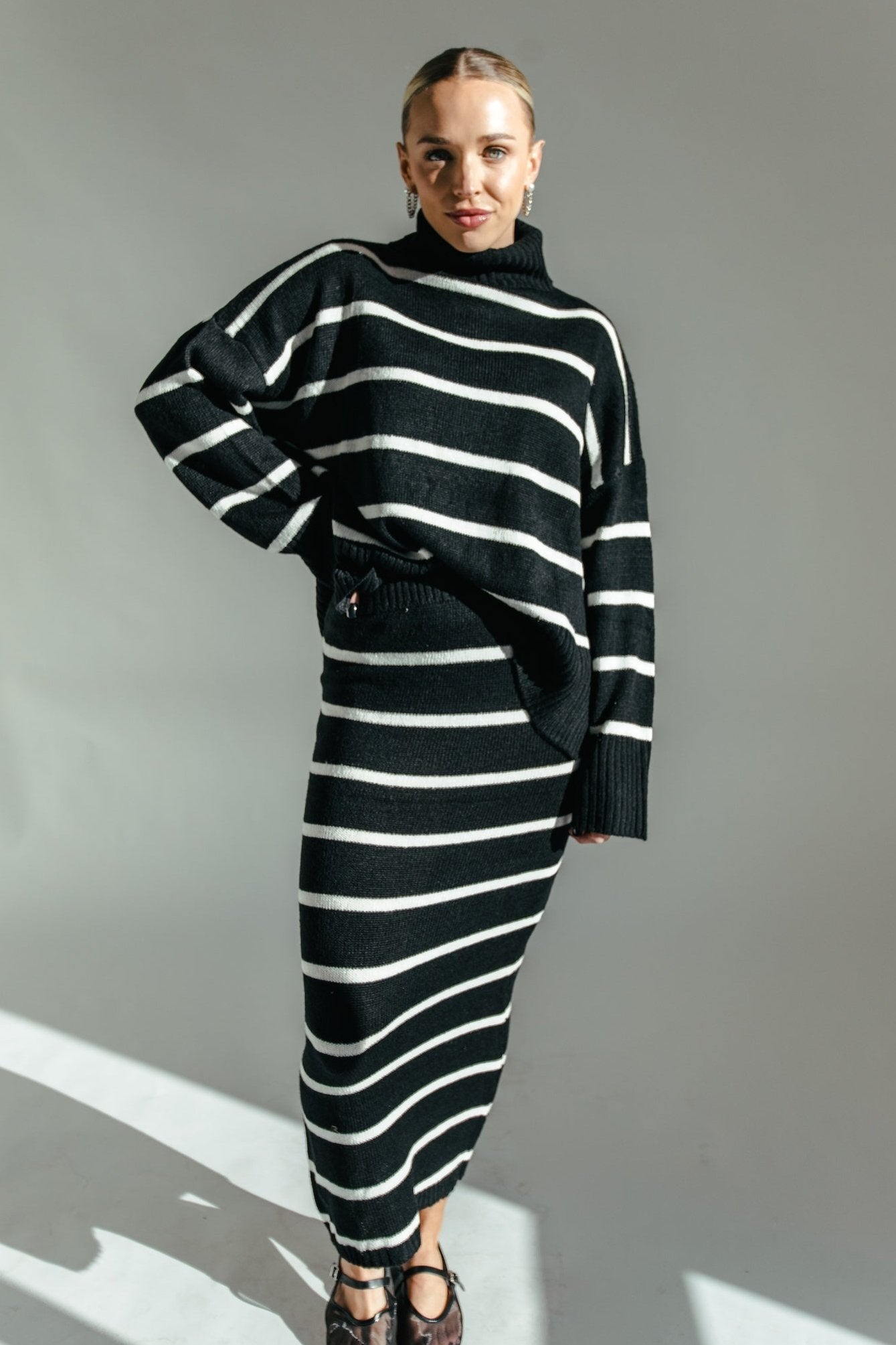 Natasha Striped Sweater + Skirt Set - Black + White