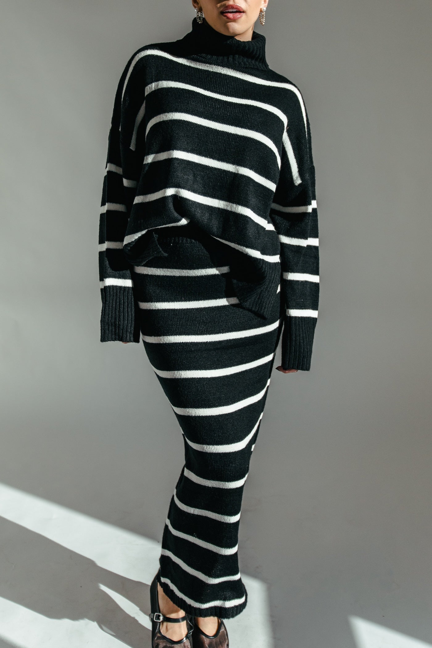 Natasha Striped Sweater + Skirt Set - Black + White