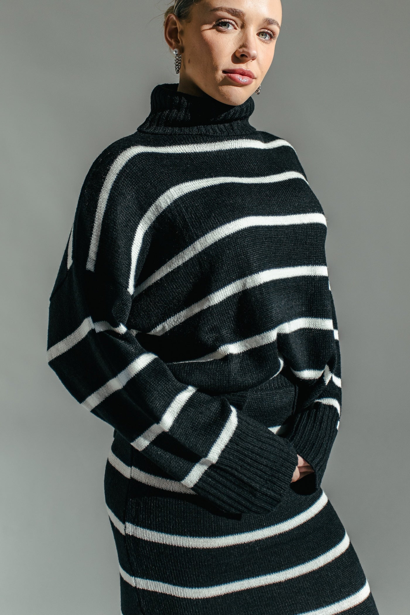 Natasha Striped Sweater + Skirt Set - Black + White