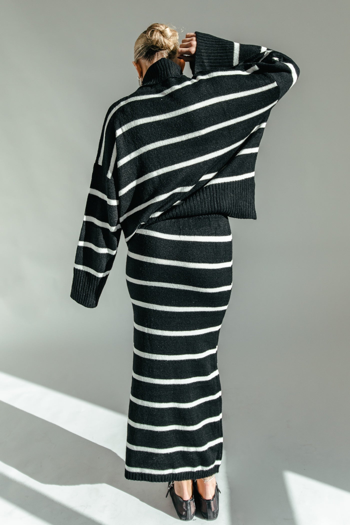 Natasha Striped Sweater + Skirt Set - Black + White