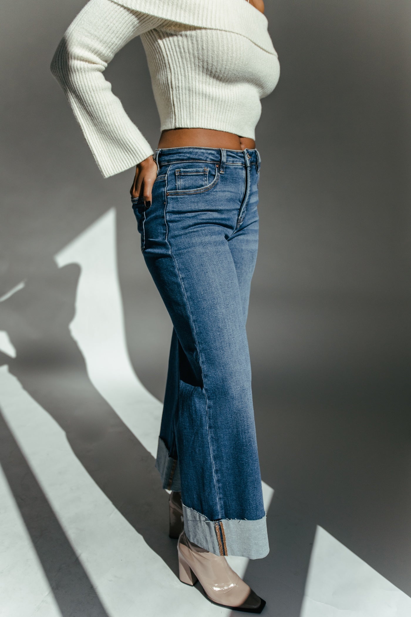 Cindy Wide Leg Cuffed Jean - Denim