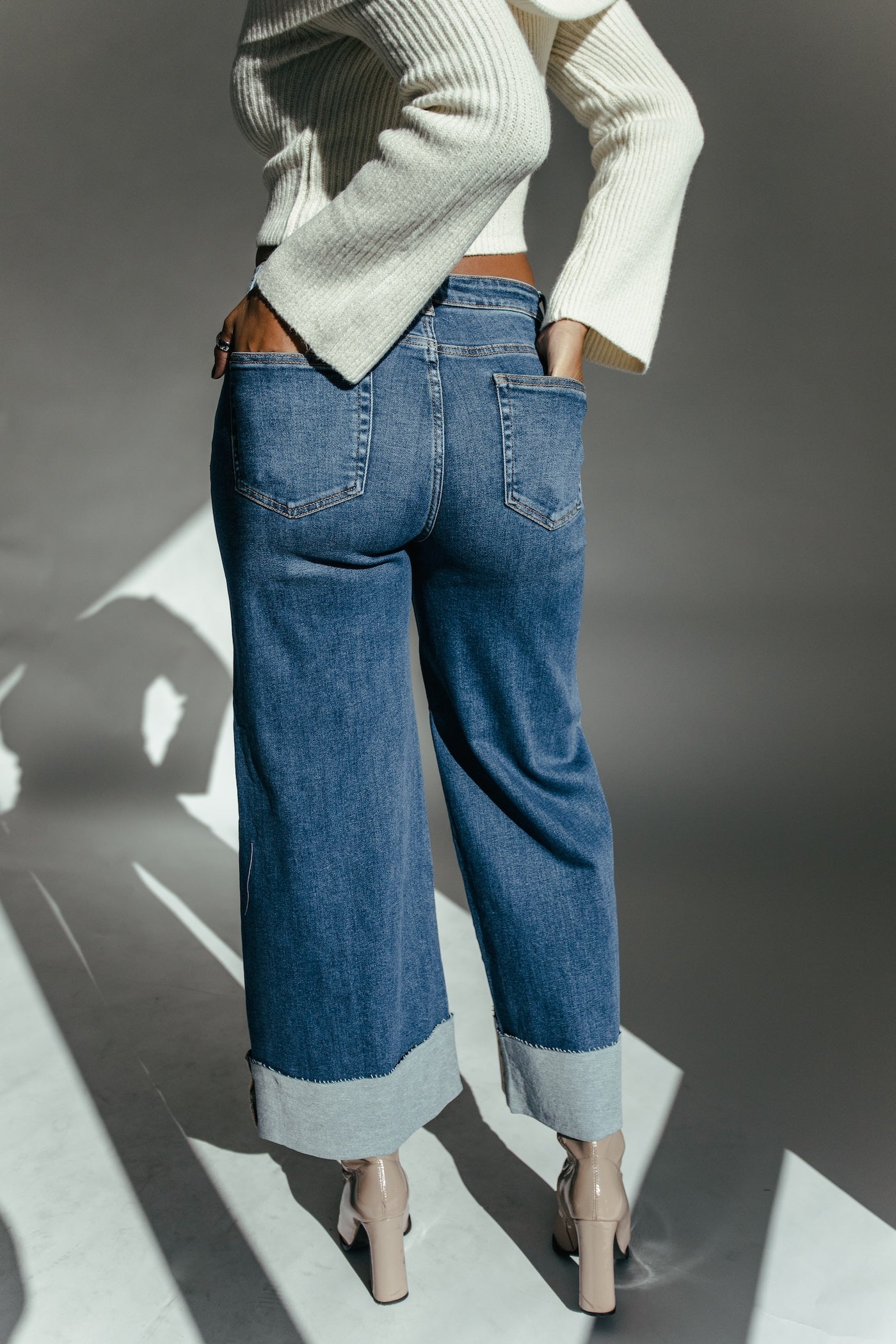 Cindy Wide Leg Cuffed Jean - Denim