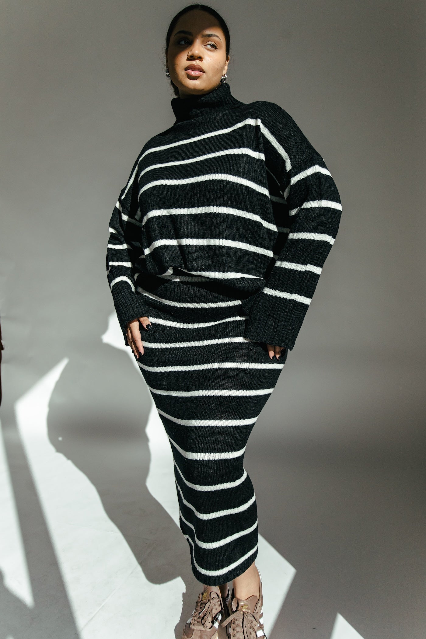 Natasha Striped Sweater + Skirt Set - Black + White