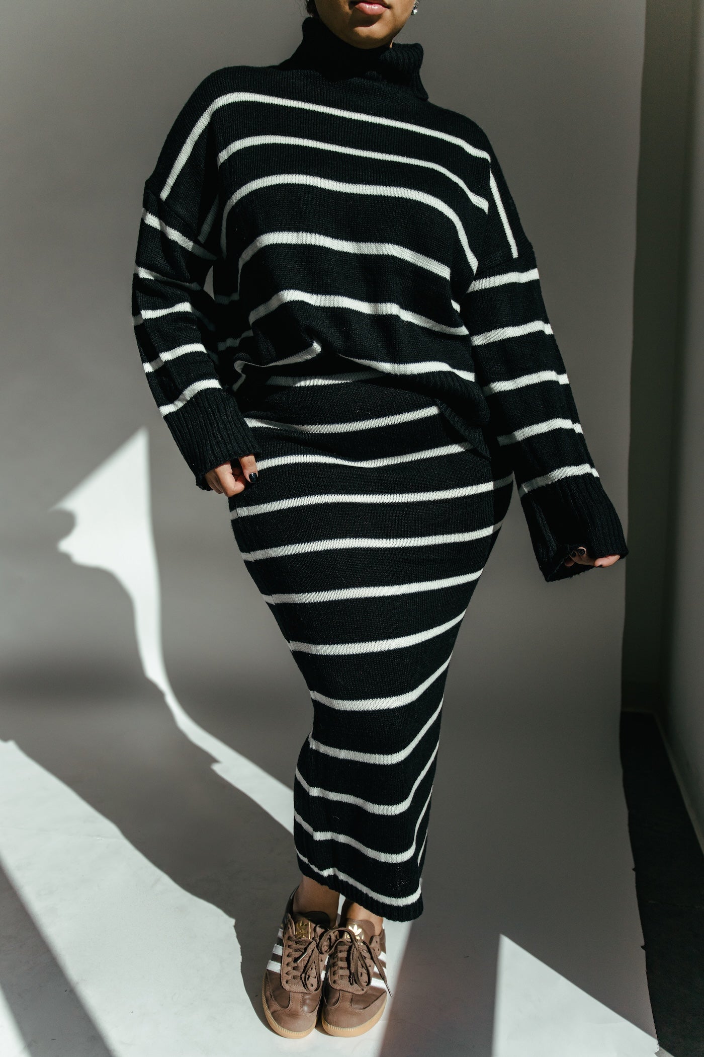 Natasha Striped Sweater + Skirt Set - Black + White