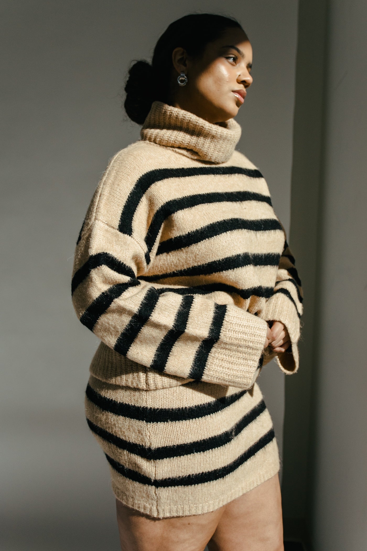 Cozy Up Striped Sweater + Skirt Set - Camel + Black