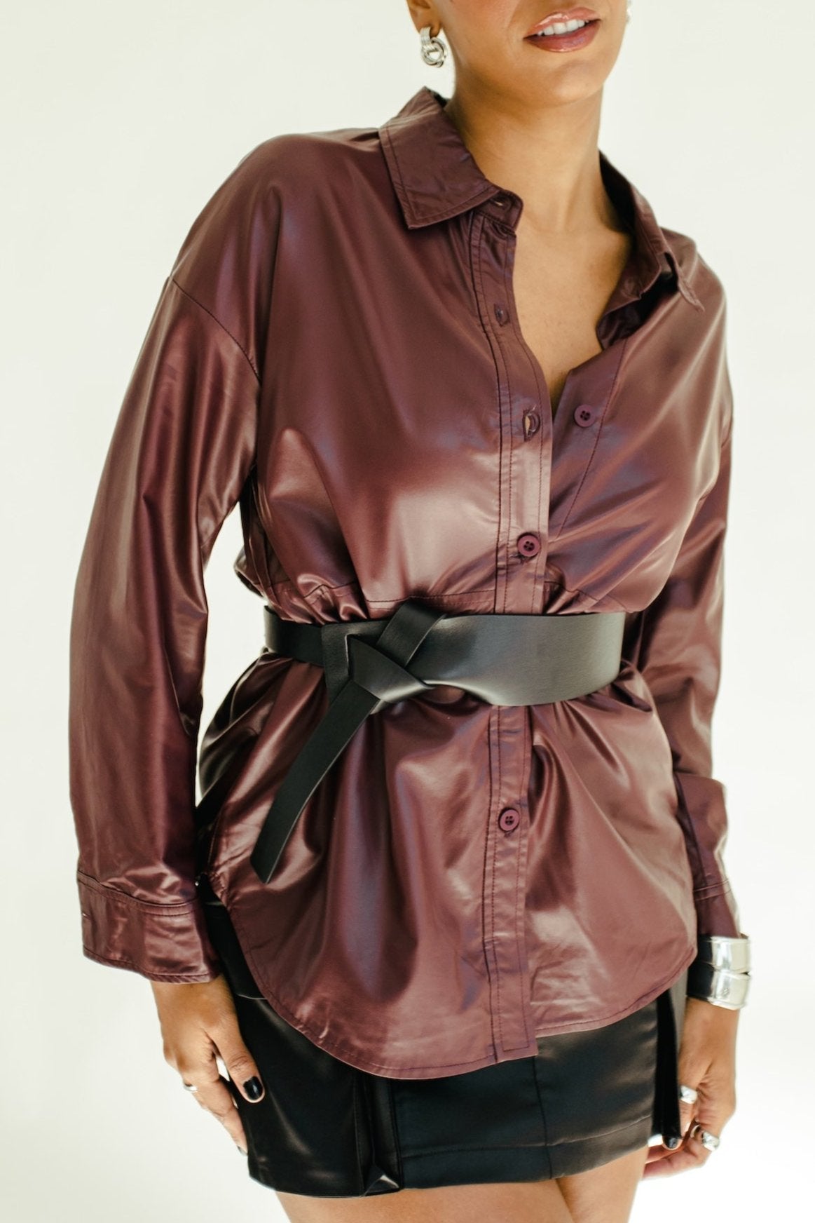 Paint The Town Leather Shacket - Dark Cherry