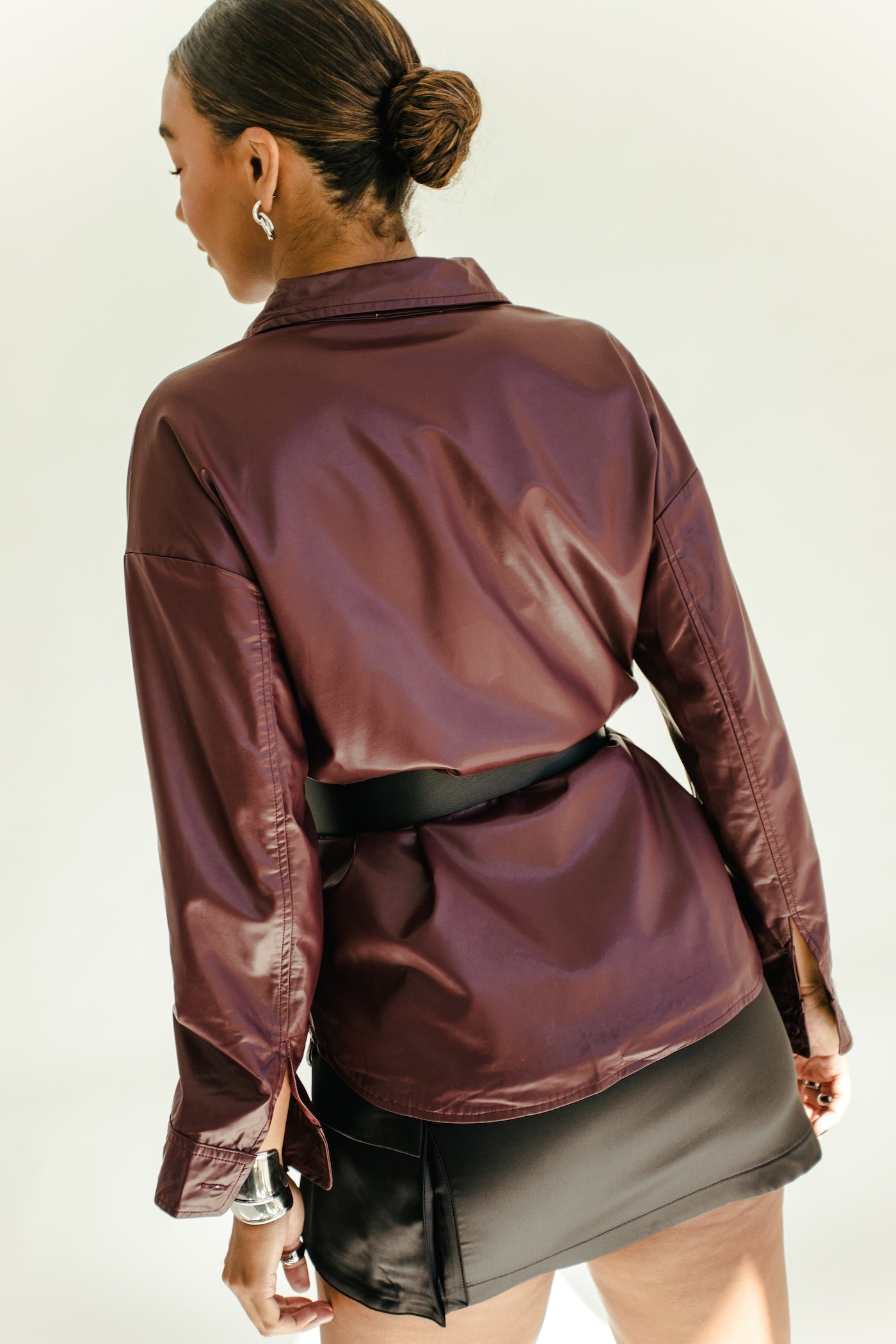 Paint The Town Leather Shacket - Dark Cherry