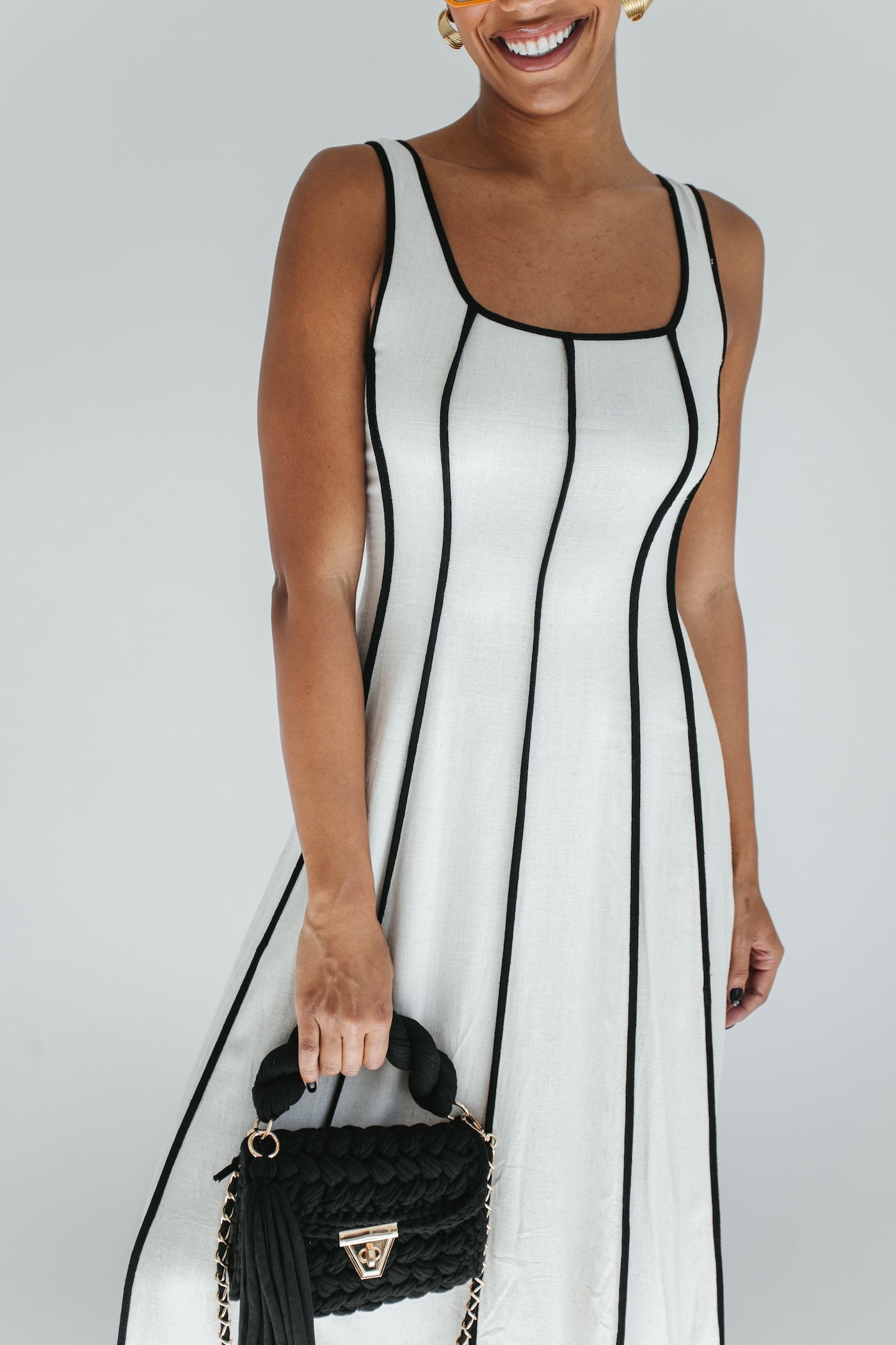 Meet Me Striped Midi Dress - Beige + Black