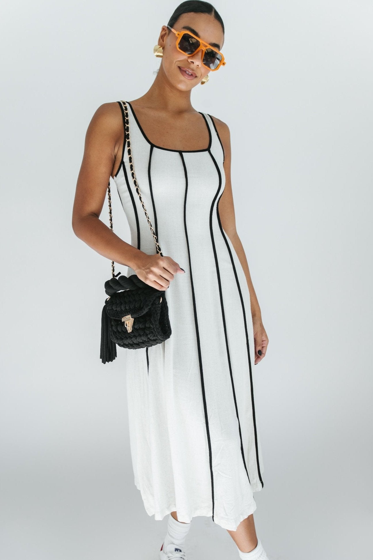 Meet Me Striped Midi Dress - Beige + Black