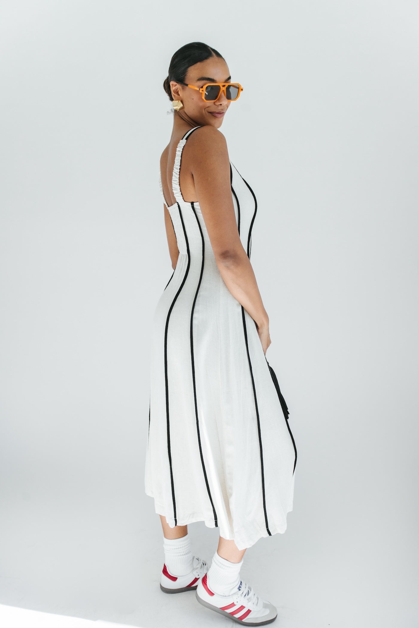 Meet Me Striped Midi Dress - Beige + Black