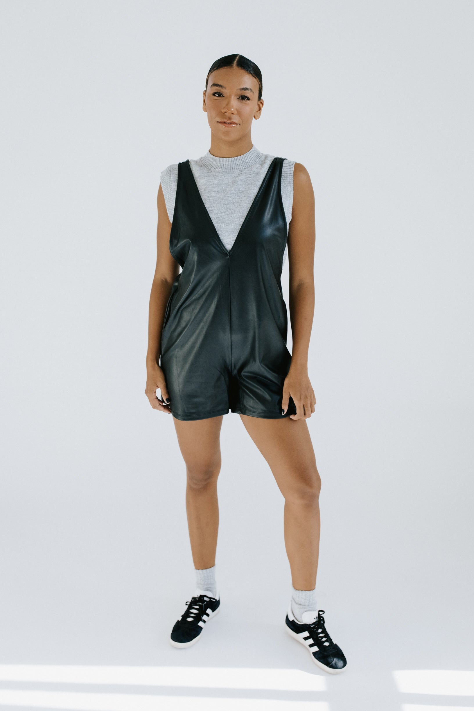 Take Me Out Leather Romper - Black