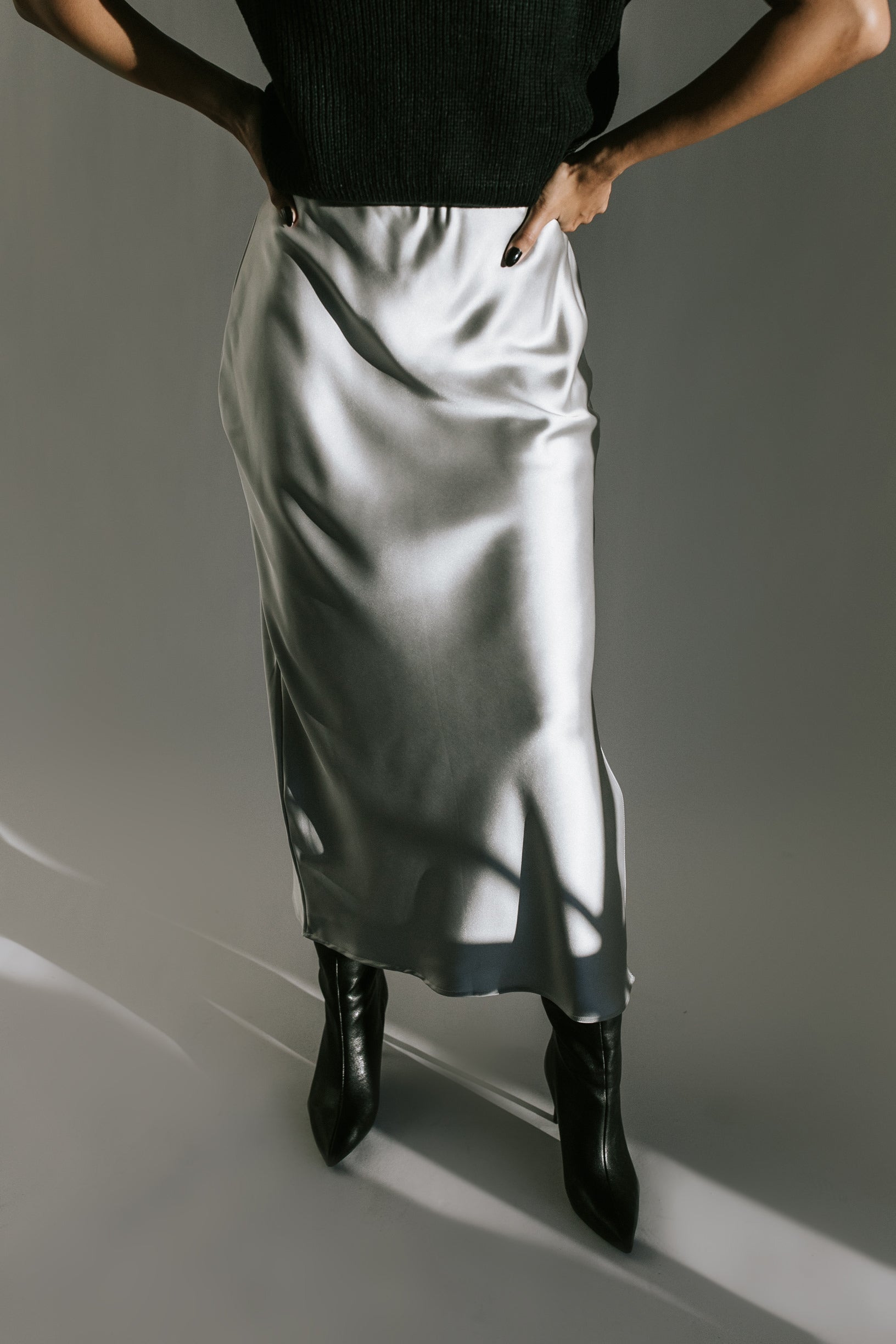 Illuminate Satin Slit Maxi Skirt - Silver