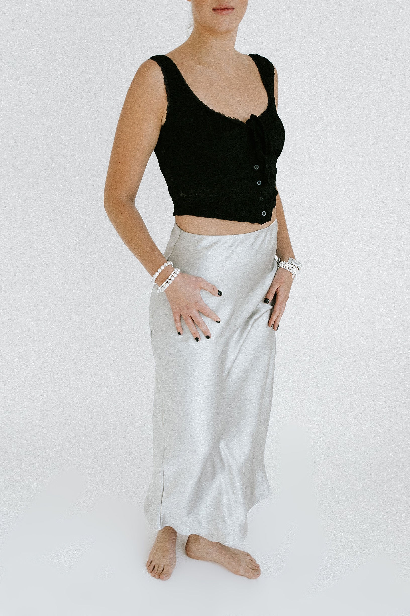 Illuminate Satin Slit Maxi Skirt - Silver