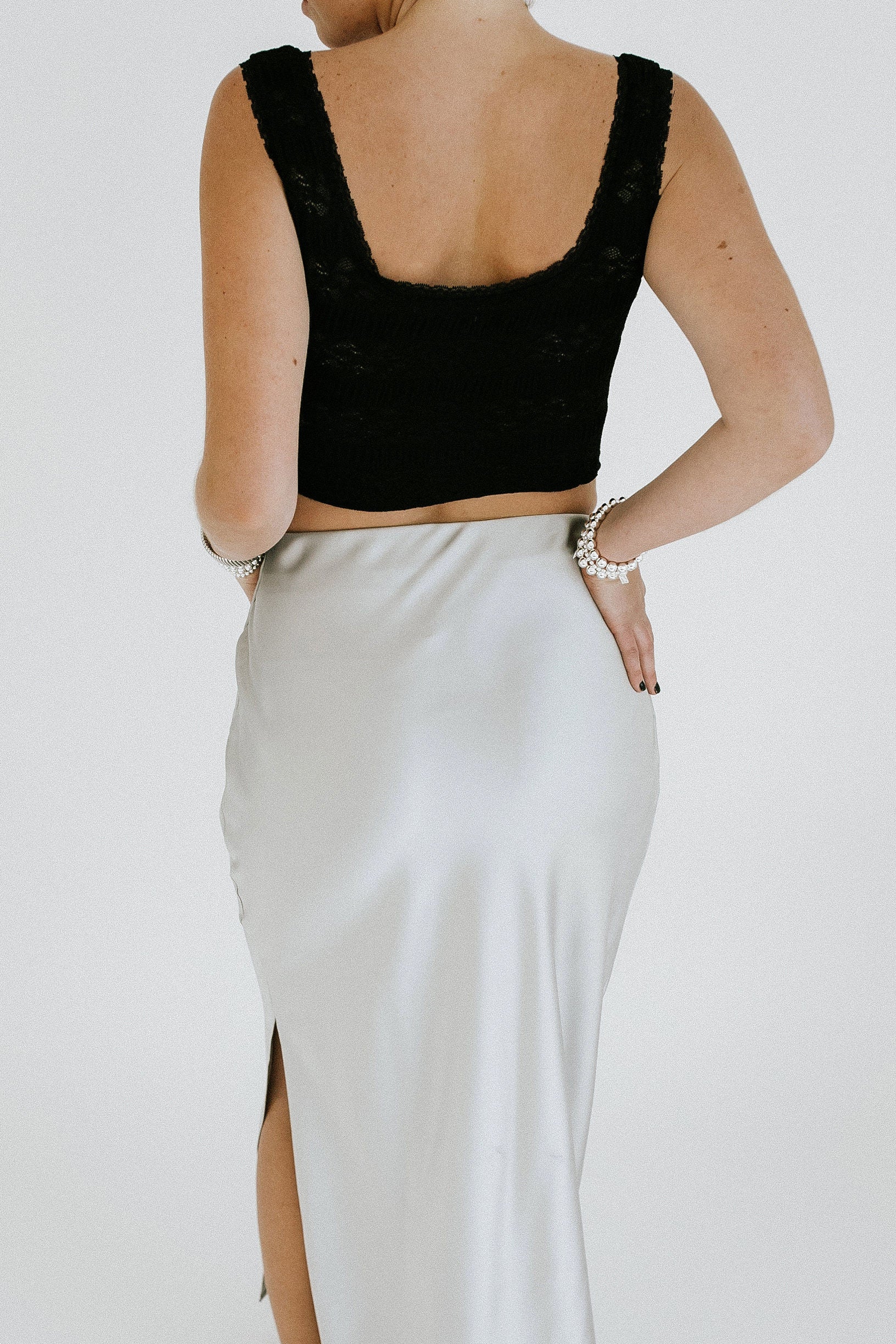 Illuminate Satin Slit Maxi Skirt - Silver