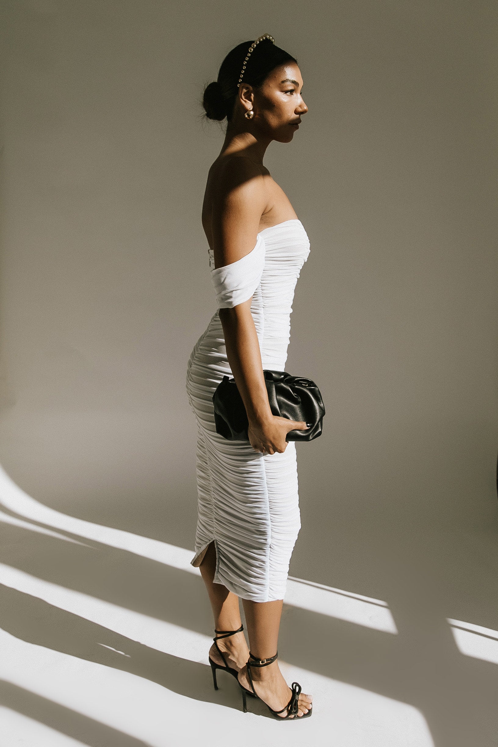 Keepsake Ruched Midi Dress - White - THELIFESTYLEDCO Shop