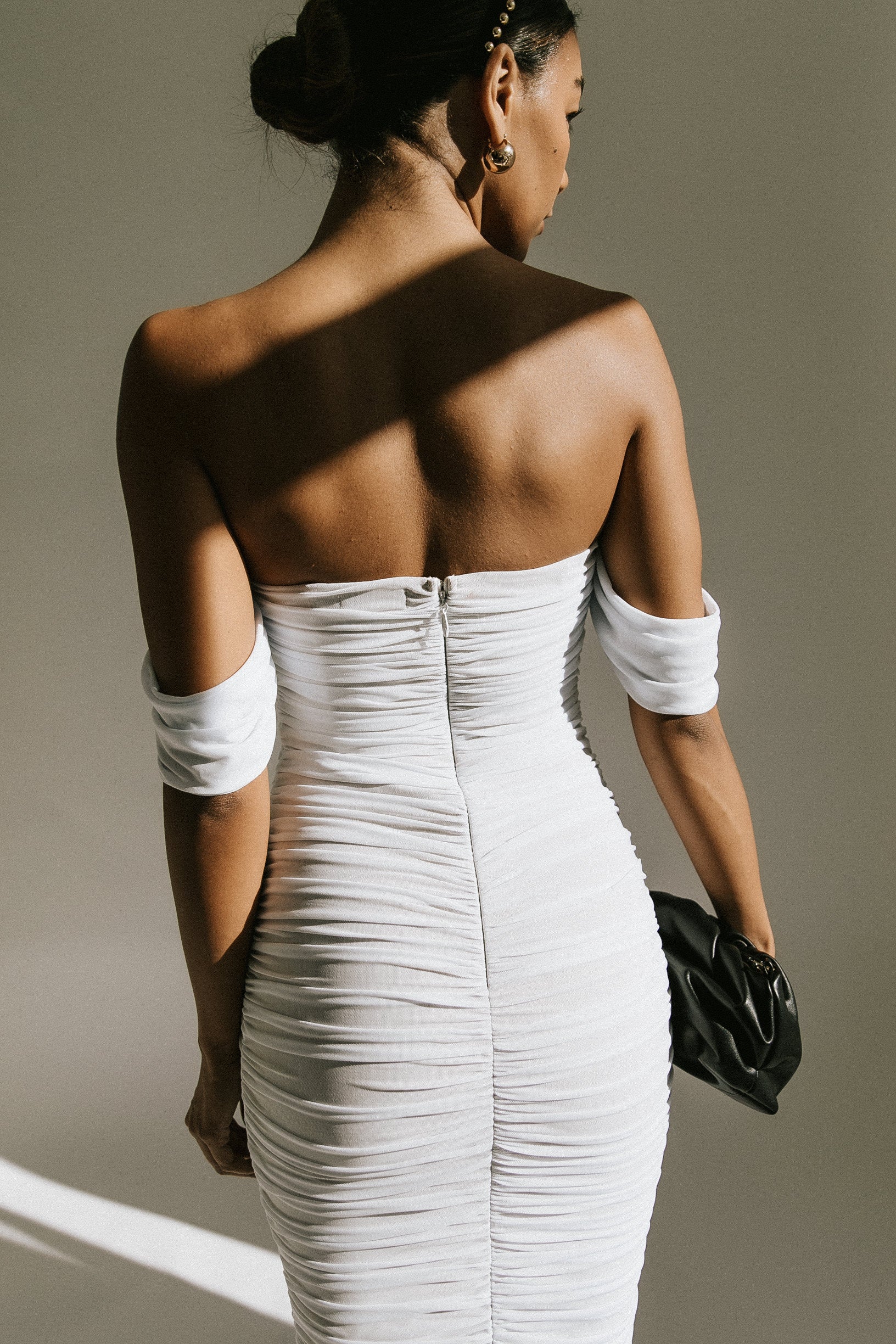 Keepsake Ruched Midi Dress - White - THELIFESTYLEDCO Shop