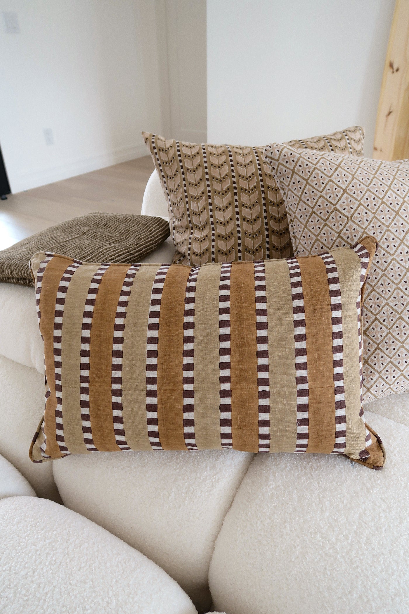 Praline Striped Linen Lumbar Pillow - Brown