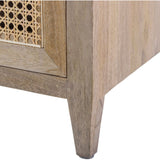 Wooden side table with decorative cut-out design on a white background