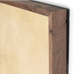 Close-up of a wooden frame corner of landscape wall art piece with a white background