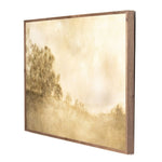 Square rustic landscape wall art with a landscape of trees and water in a wooden frame on a white background