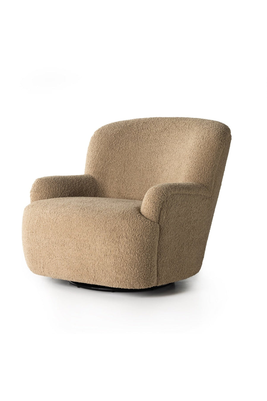 A beige upholstered Kadon swivel chair with a high wing back and softly rolled arms, set against a white background.