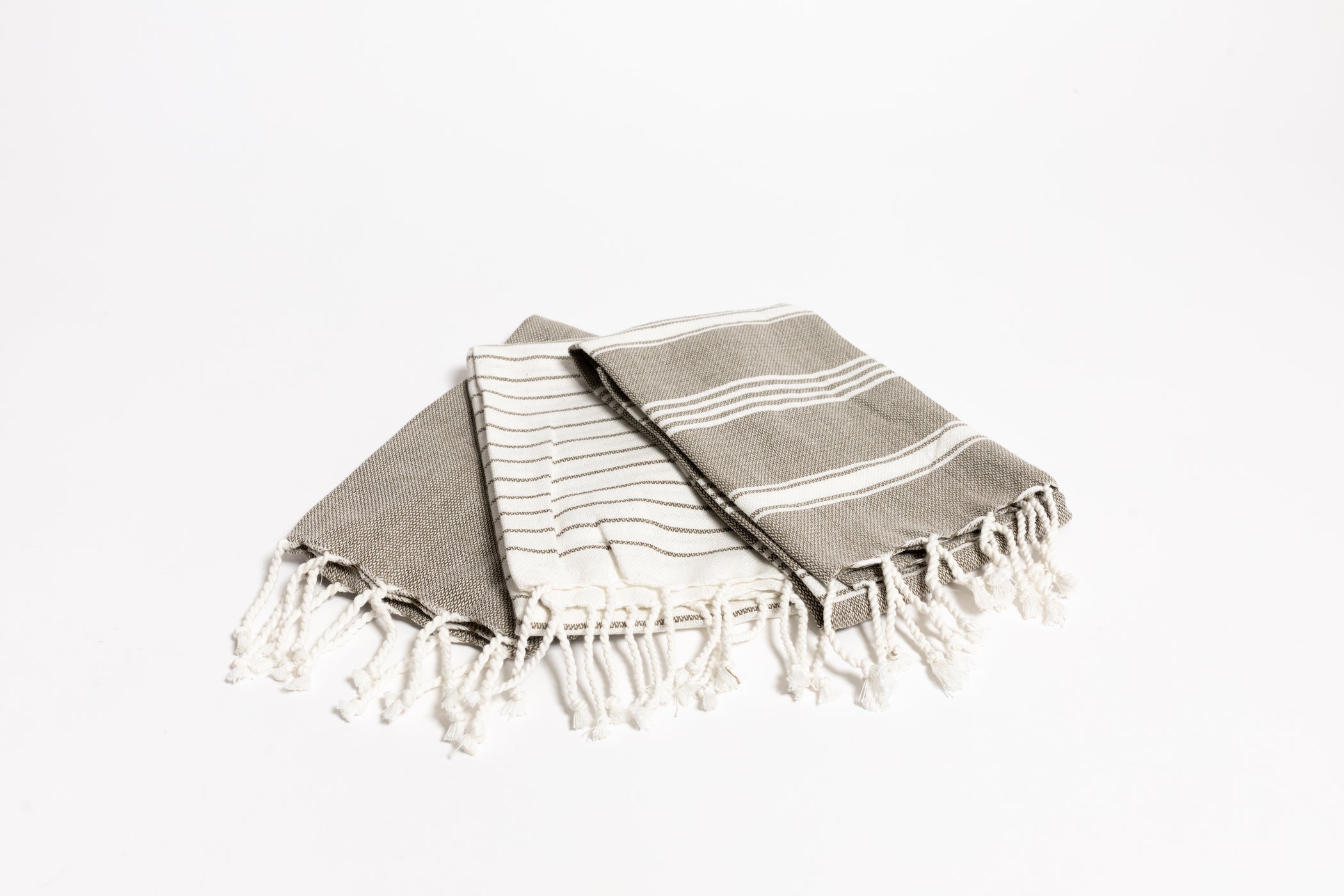 Koba Woven Cotton Striped Tea Towel w Tassels - Grey + White