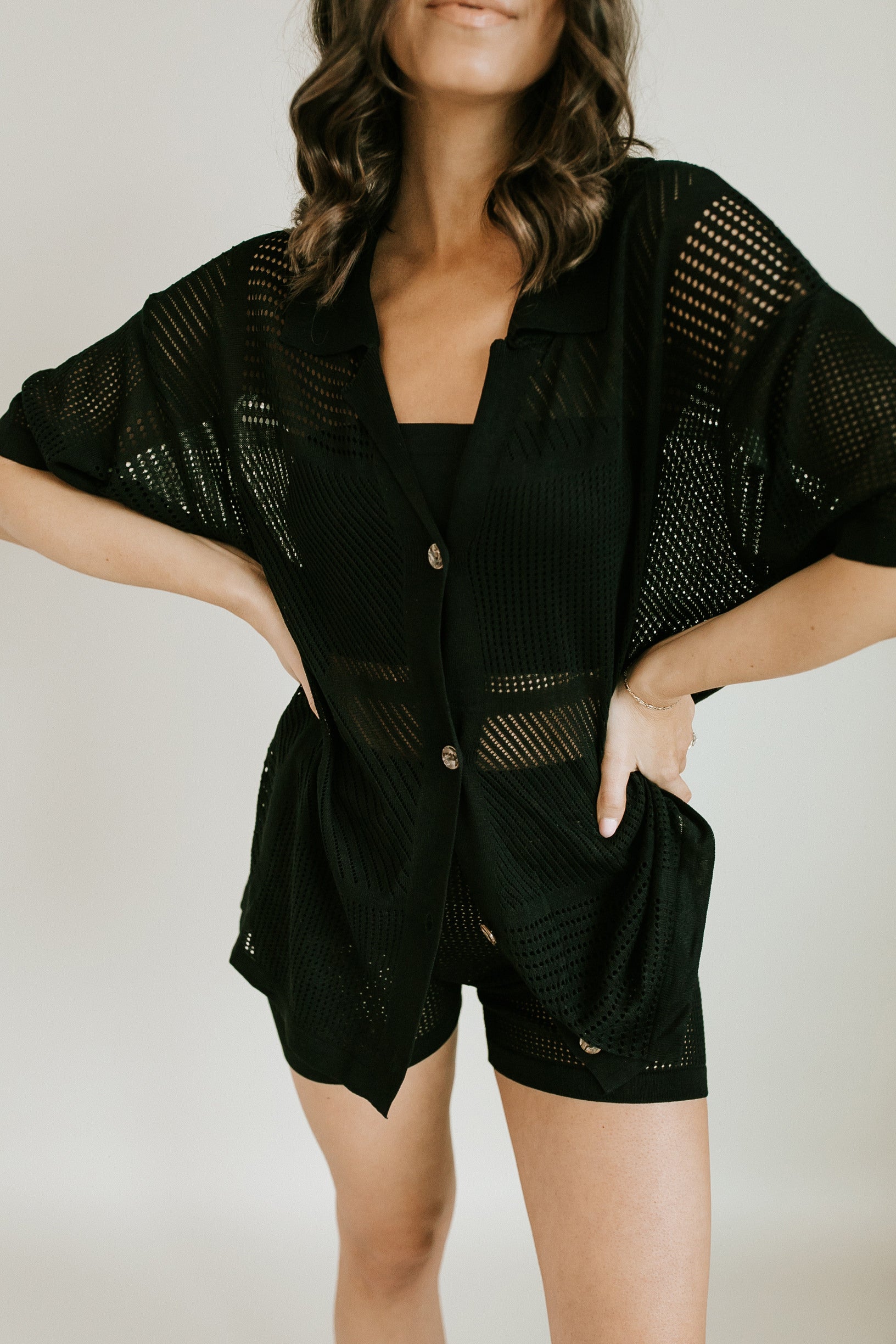 Feel The Breeze Button Front Top + Shorts Set - Black