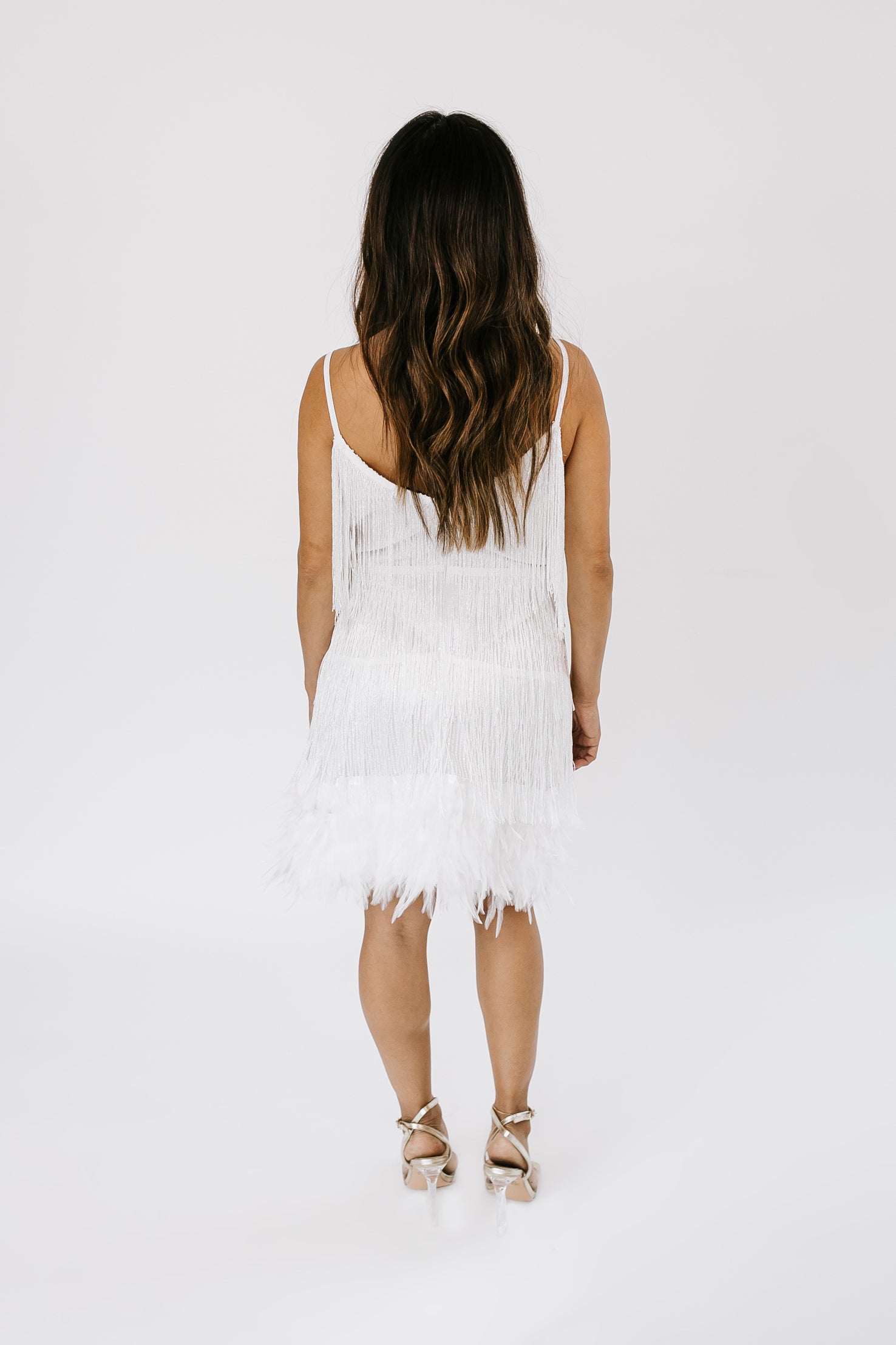Double Take Fringe + Feather Mini Dress - White