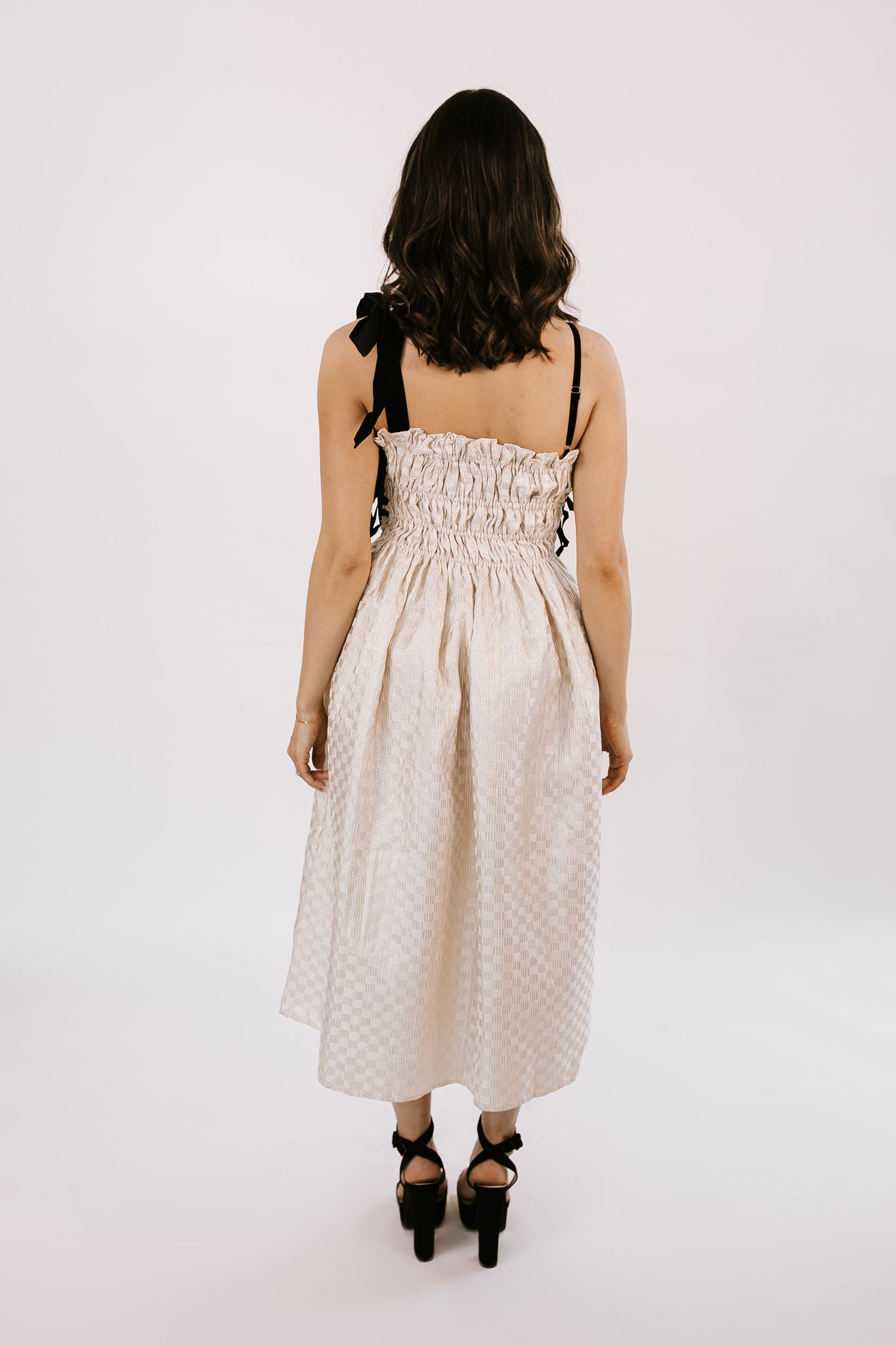 Halston Checkered Midi Dress - Cream