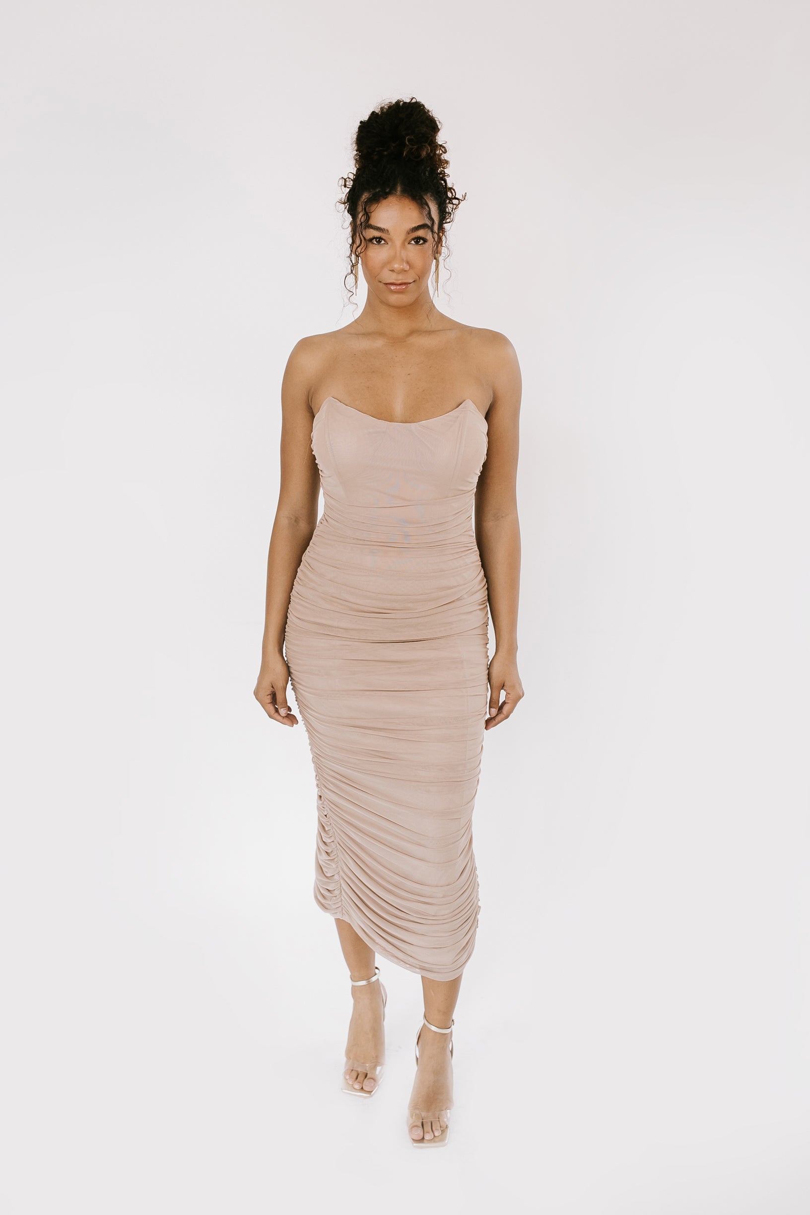 Millie Ruched Strapless Midi Dress - Taupe