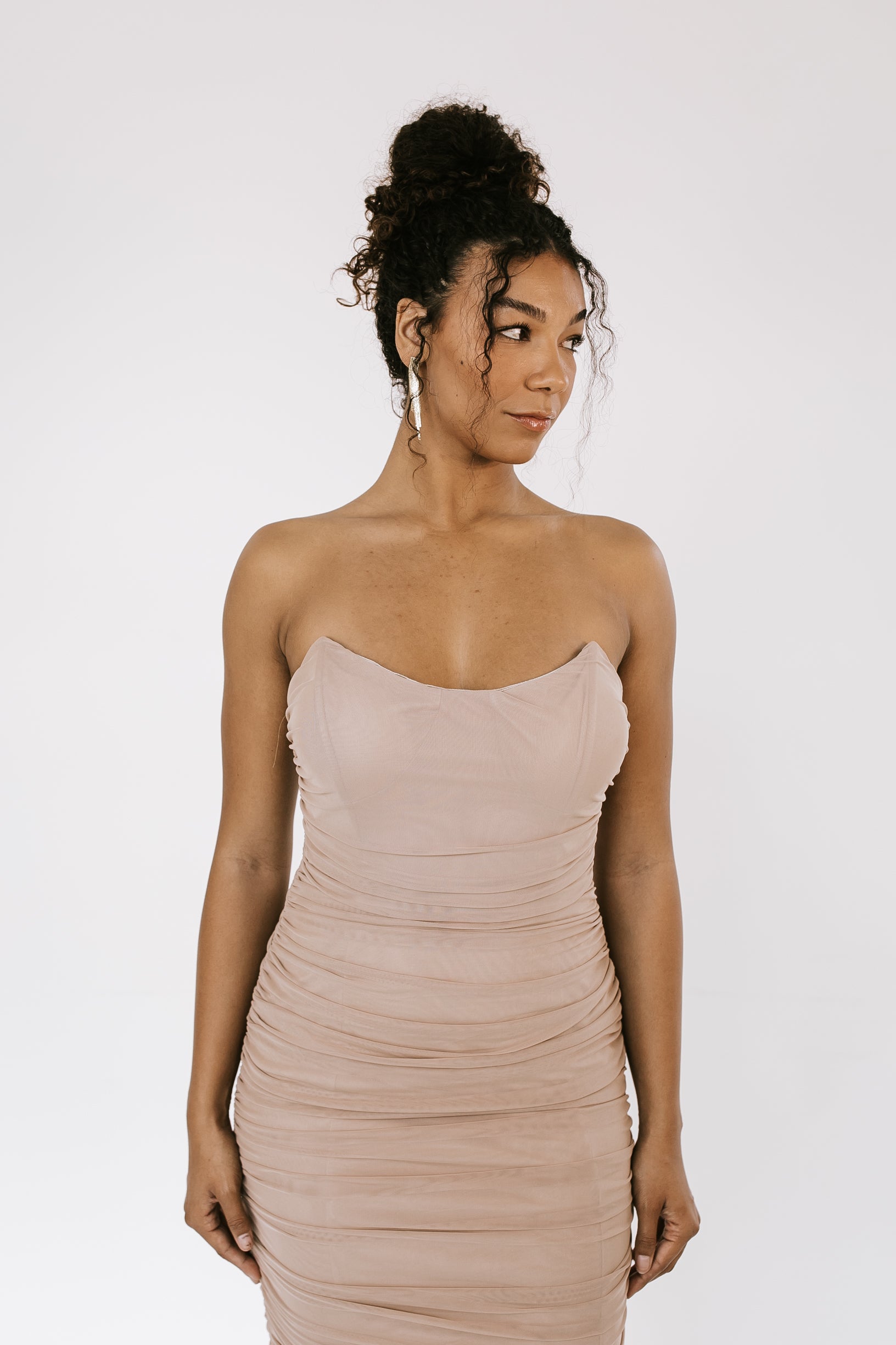 Millie Ruched Strapless Midi Dress - Taupe